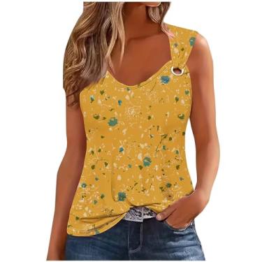 Imagem de Camisetas femininas sem mangas com estampa floral folgada para mulheres verão outono 2024 moda, E-133 Amarelo Mostarda, M