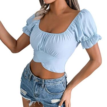 Imagem de Blusas femininas modernas estampadas para sair, plus size, manga curta, blusas fofas de chiffon, blusas de verão, camisas boêmias, túnica formal, Azul, GG