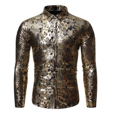 Imagem de Camisa masculina de lazer, estampa de cobra, cor sólida, manga comprida, botões frontais e colarinho aberto, Ouro, P