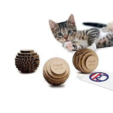 Imagem de Americat Company Conjunto de 3 bolas de brinquedo para gatos feitas nos EUA – exercício, caça, perseguição, busca, morcego – bolas de balanço para brincadeiras independentes e interativas (pacote com