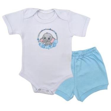 Imagem de Conjunto Body Manga Curta Bordado Elefantinho e Short Tapa Fralda - Roupa Bebê Menina-Masculino