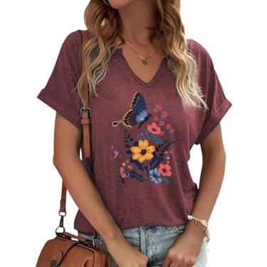Imagem de Dandelion Shirts Camiseta feminina com gola V e girassol flores silvestres estampa casual, Vermelho - 10, XXG