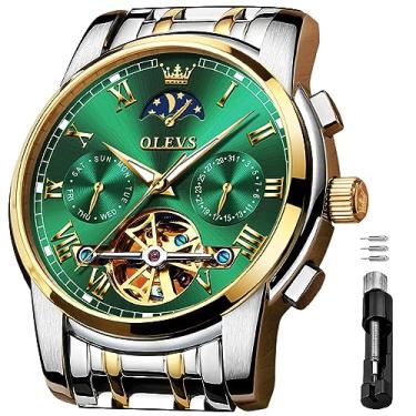 Imagem de Relógio de pulso OLEVS automático masculino esqueleto mecânico Slef-Wind luxuoso de aço inoxidável à prova d'água e luminoso, Green Dial and Gold Silver Strap