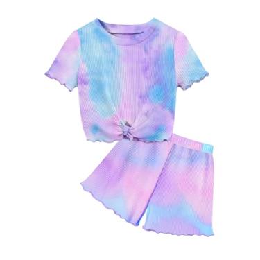 Imagem de MIGU Conjunto de roupas de verão para meninas pequenas camiseta de manga curta tie dy+shorts tie dye para meninas 2 peças, Roxo + tie-dye, 2-3 Anos