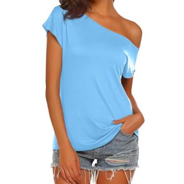 Imagem de Halife Camisetas femininas casuais de ombro de fora camisetas de manga curta solta verão blusa camisa, Azul claro, P