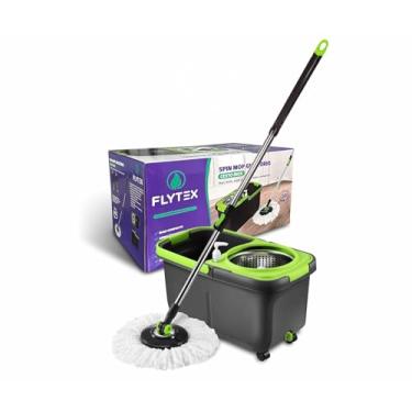 Imagem de Mop Giratório Esfregão Limpeza Geral Cesto Inox Balde 16 Litros Cabo Grande de 1,52 Metros - MOP com rodinhas giratorias, alça para transporte e dispenser de sabão. Mop ultra resistente - Flytex