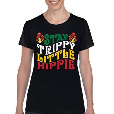 Imagem de Camiseta feminina Stay Trippy Little Hippie Puff Print Hippies Vintage Peace Love Happiness Retro 70s Cogumelos, Preto, M
