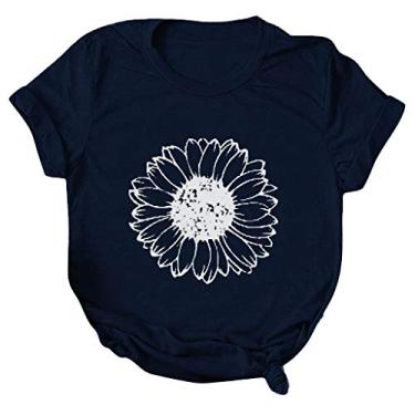 Imagem de Duobla Camisetas femininas de verão 2024 com estampa de girassol, casual, de manga curta, com estampa de flores, roupas modernas, A-2-azul-marinho, P