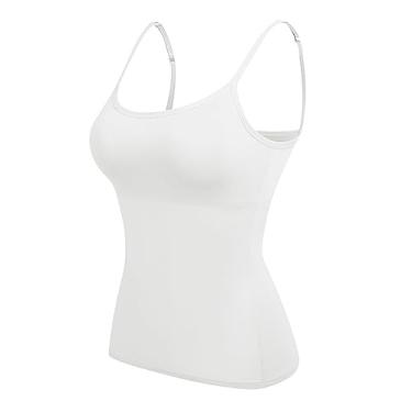 Imagem de Camisetas femininas de algodão com sutiã acolchoado embutido, básica, respirável, ajustável, alças finas, Branco, M