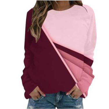 Imagem de Homisy Camisetas femininas plus size patchwork modernas de manga comprida gola redonda blusas estampadas casuais elegantes 2024, Vinho, XXG