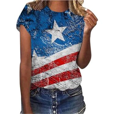 Imagem de Camiseta feminina moderna casual com estampa da bandeira do Dia da Independência gola redonda manga curta pulôver algodão vestido feminino, Bege, P