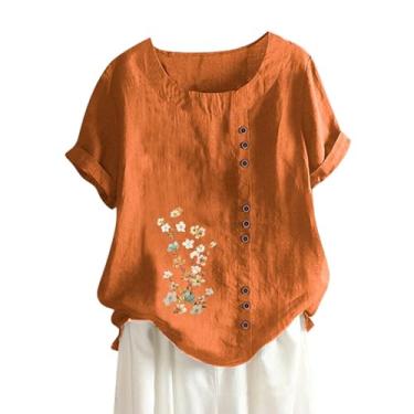 Imagem de Camisetas femininas de algodão e linho 2024 gola redonda manga curta estampa floral blusas modernas camisas casuais de ajuste solto, Laranja, G