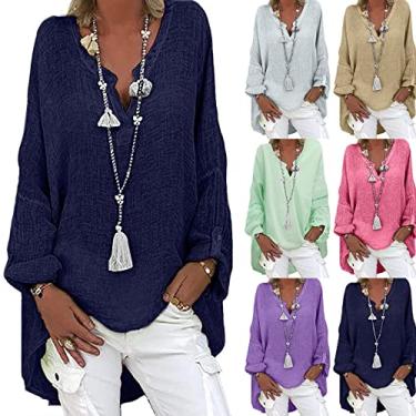 Imagem de Camisetas femininas de linho casual verão plus size mangas compridas gola V tops de cor sólida blusa túnica moderna 2024, 1 - Azul-marinho, G