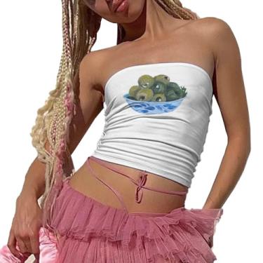 Imagem de Camiseta feminina Y2k tubinho floral tomara que caia, sem alças, costas nuas, sem mangas, sexy, para sair, justa, Frutas verdes, P