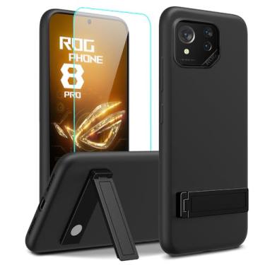 Imagem de Nijiadi Capa para celular Asus ROG Phone 8 Pro 5G com protetor de tela de vidro, [3 formas de suporte] Capa protetora de silicone TPU à prova de choque para Asus ROG Phone 8 Pro 5G - preta