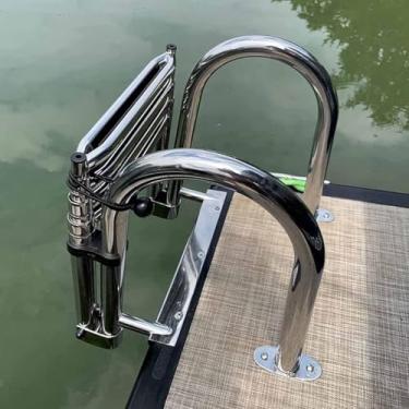 Imagem de Escada para piscina de barco, 4 degraus, banho para natação/barco de convés, iate, escadas de pontão flutuantes dobráveis ​​com corrimão de entrada traseira, barco dobrável em aço inoxidável