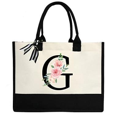 Imagem de DEEZOMO Sacola feminina de lona com inicial personalizada, bolsa de praia com bolso interno com zíper para casamento, aniversário, feriado, G