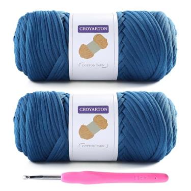 Imagem de Pacote com 2 fios de camiseta para crochê com 1 agulha de crochê, fio elástico para bolsa de crochê/cestas/decoração de casa, fio espaguete fio grosso de tricô comprimento total 130 metros, peso 397 g