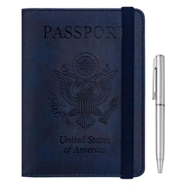 Imagem de WALNEW Suporte de passaporte para viagem, carteira de passaporte RFID para mulheres e homens, capa de couro PU para passaporte, porta-cartões com caneta, itens essenciais de viagem para voar, A -