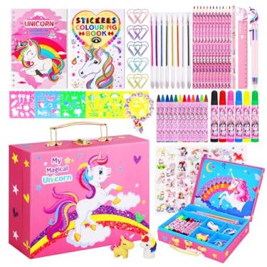 Imagem de Materiais de arte para crianças, 66 peças de kits de desenho com estojo de armazenamento de unicórnio para meninas de 4 a 12 anos, conjuntos de colorir de estojo de arte, giz de cera, lápis de cor,