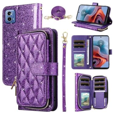 Imagem de Furill Capa carteira para Motorola Moto G34 5G com alça de pulso removível, alça de ombro transversal, 9 compartimentos para cartões, bolsa com zíper, luxuosa, couro PU, suporte para celular para