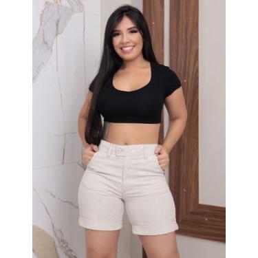 Imagem de Short Bermuda Linho Feminino Social Comprido Cintura Alta Com bolso na