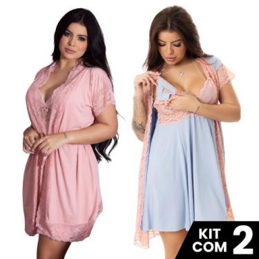 Imagem de Kit 2 Robes Roupão e 2 Camisolas Amamentação Pós Parto Liso Com Renda 