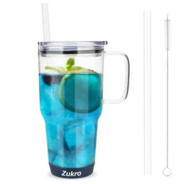 Imagem de Zukro Copo de vidro de 946 ml com tampa e canudo, copo de água de vidro reutilizável com alça e amortecedor de silicone protetor espesso na parte inferior para café gelado, cerveja, cabe no suporte de copo, sem BPA, Bluehorizon