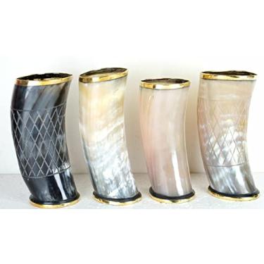 Imagem de Conjunto de 4 canecas de chifre viking cerimonial de 12,7 cm para cerveja cerveja cerveja vinho hidromel cerveja Halloween