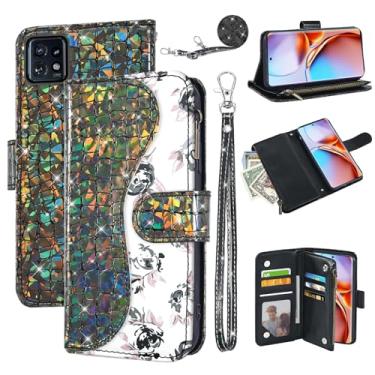 Imagem de Dibosom Capa carteira floral para Motorola Edge+ Plus 2023/Edge 40 Pro 5G/Moto X40 com alça de pulso, alça de ombro flip com zíper, porta-cartões, capa de celular com glitter para X + preta