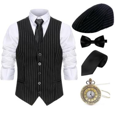 Imagem de Gionforsy Conjunto de acessórios para fantasia Gatsby Gangster anos 20, chapéu, suspensórios, gravata borboleta, relógio de bolso vintage, Preto listrado, Large