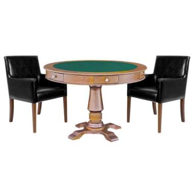 Imagem de Mesa de Jogos Carteado Victoria Redonda Tampo Reversível Amêndoa com Kit 2 Cadeiras Liverpool PU Preto Liso - Gran Belo