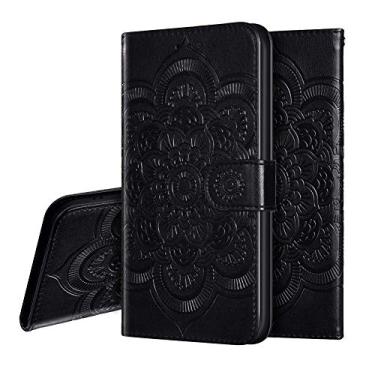 Imagem de OOPKINS Capa de couro PU compatível com iphone 13 Pro Max mandala design em relevo capa de telefone flip notebook carteira slot cartão suporte magnético capa para iphone 13 Pro Max mandala preto LD