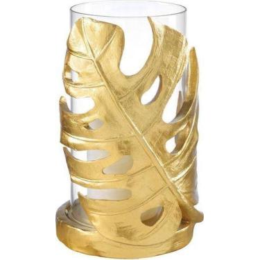 Imagem de Castiçal De Vidro Porta Velas Folha Dourada 23 X 14 - Vacheron, Dourad