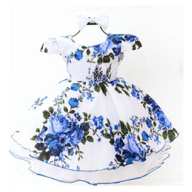 Imagem de Vestido De Festa Infantil Azul Floral Princesa Fofo E Tiara - Pingo De