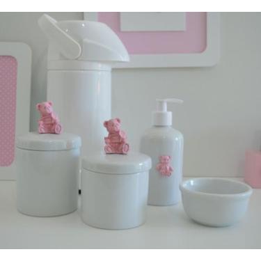Imagem de kit Higiene Bebê Potes K021 Cotonete Flor Rosa Algodão Limpeza Porcela