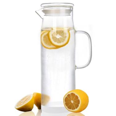 Imagem de hjn Jarro de água de vidro com tampa, jarra de vidro com alça, jarra de água de geladeira para bebidas frias ou quentes, chá gelado, leite, suco, 1500 ml e tampa de vidro