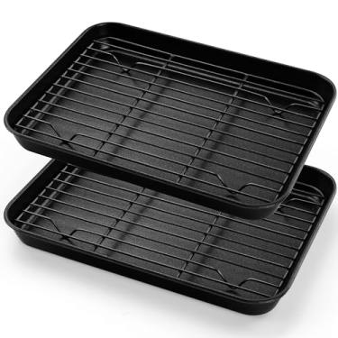 Imagem de E-far Assadeira de forno torradeira com conjunto de prateleira, 26 x 20,5 x 2,5 cm x 2,5 cm, assadeiras com grades de resfriamento, resistente a deformações e resistente, antiaderente e fácil de