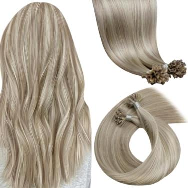 Imagem de LaaVoo Extensões de cabelo humano com ponta em U, destaques de loiro acinzentado, extensões de cabelo humano real balayage loiro com ponta de queratina extensões de cabelo humano pré-coladas 50 g/50s
