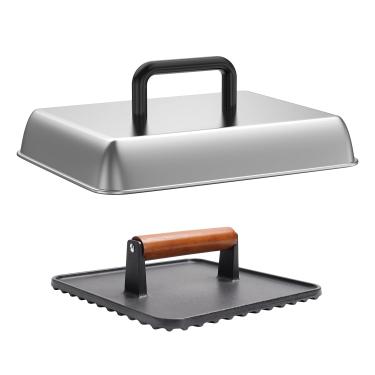 Imagem de SafBbcue Tampa retangular de aço inoxidável de 35,5 cm para regar queijos e chapa retangular de ferro fundido para churrasqueira de hambúrguer, prensa de peso para Blackstone, Pitboss, Camp Chef, acessórios para churrasqueiras de topo plano