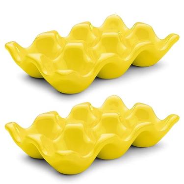 Imagem de Flexzion Caixa de ovos de porcelana - Bandeja de cerâmica com capacidade para 6 unidades, meia dúzia de suportes para geladeira, exibição de bancada - Prato decorativo amarelo e organizador de