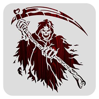 Imagem de BENECREAT Estênceis de decoração de Halloween de 30 x 30 cm, modelo de recorte de foice de esqueleto Grim Reaper para pulverização de arte, decoração de casa DIY, placas de madeira para pintura