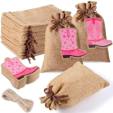 Imagem de Mooliwe 50 sacos de cordão de serapilheira com etiquetas em forma de bota, sacos de cowgirl ocidentais a granel reutilizável de estopa para chá de bebê caubói suprimentos de lembrancinhas de festa de