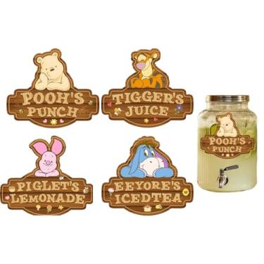 Imagem de 8 peças de decorações de chá de bebê Ursinho Pooh - Etiqueta de bebida para decorações de chá de bebê Pooh - Decorações de aniversário do Ursinho Pooh - Decorações de revelação de gênero do Ursinho