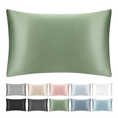 Imagem de SILKTALE Fronha 100% seda amoreira com zíper oculto, ambos os lados capa de almofada respirável de seda pura para cabelo e pele, 19 Momme grau 6A, 1 peça, verde sálvia, tamanho Queen 50 x 76
