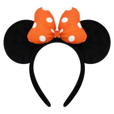 Imagem de ODOCARE Tiara de orelhas de rato feita à mão para mulheres e senhoras, laço de bolinhas, acessórios de fantasia Minnie Ears, Laranja, tamanho �nico