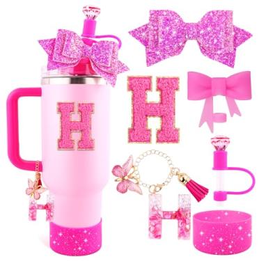 Imagem de Lingdeer Conjunto de acessórios de copo rosa para copo Stanley de 850 g e 1,134 g com alça, pingentes de letras, capas de canudo de arco e diamante, bota de silicone com glitter, adesivo personalizado