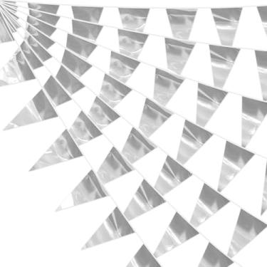 Imagem de 32,8 m prata glitter triângulo bandeira bandeira metálica bunting tecido guirlanda para Natal, formatura, casamento, noivado, aniversário, despedida de solteira, chá de panela, decoração de festa dos