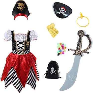 Imagem de Rabtero Disfarce de pirata para meninas, fantasia de pirata para Halloween, fantasia de cosplay para meninas, vestido de princesa pirata de luxo com acessórios para meninas de 5 a 6 anos