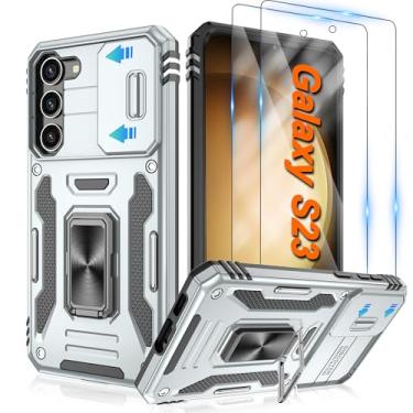 Imagem de ATUMP Capa para Samsung Galaxy S23 com [pacote com 2] protetor de tela HD e capa de câmera deslizante, anel de rotação de 360° [grau militar] capa protetora à prova de choque para Galaxy S23 5G 6,1